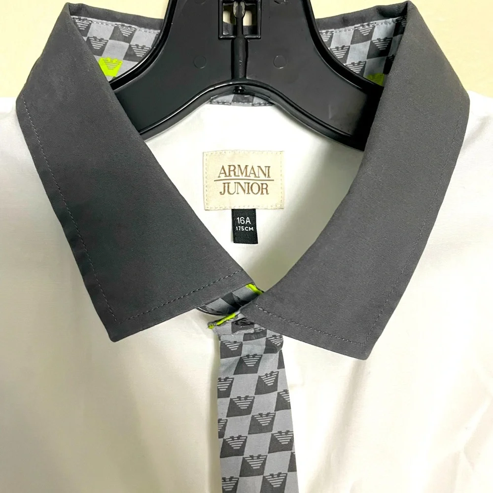 Armani Junior White Button-Down Shirt with Black Collar and Gray Patterned Tie